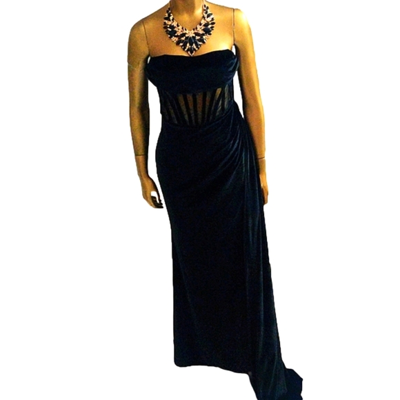Black Corset High Slit Velvet Gown Sexy Winter Dress Women's Formal - Picture 14 of 16